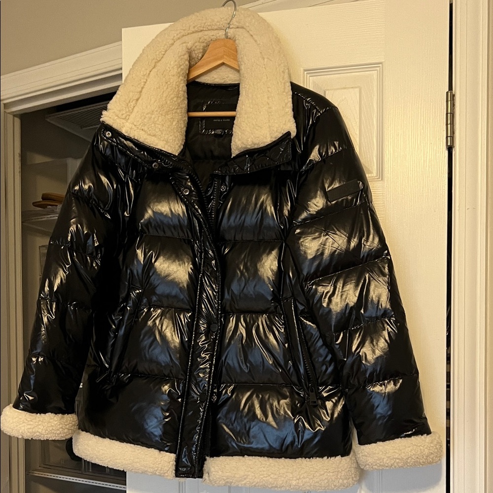 Sanctuary Black Puffer Jacket with Cream Trim